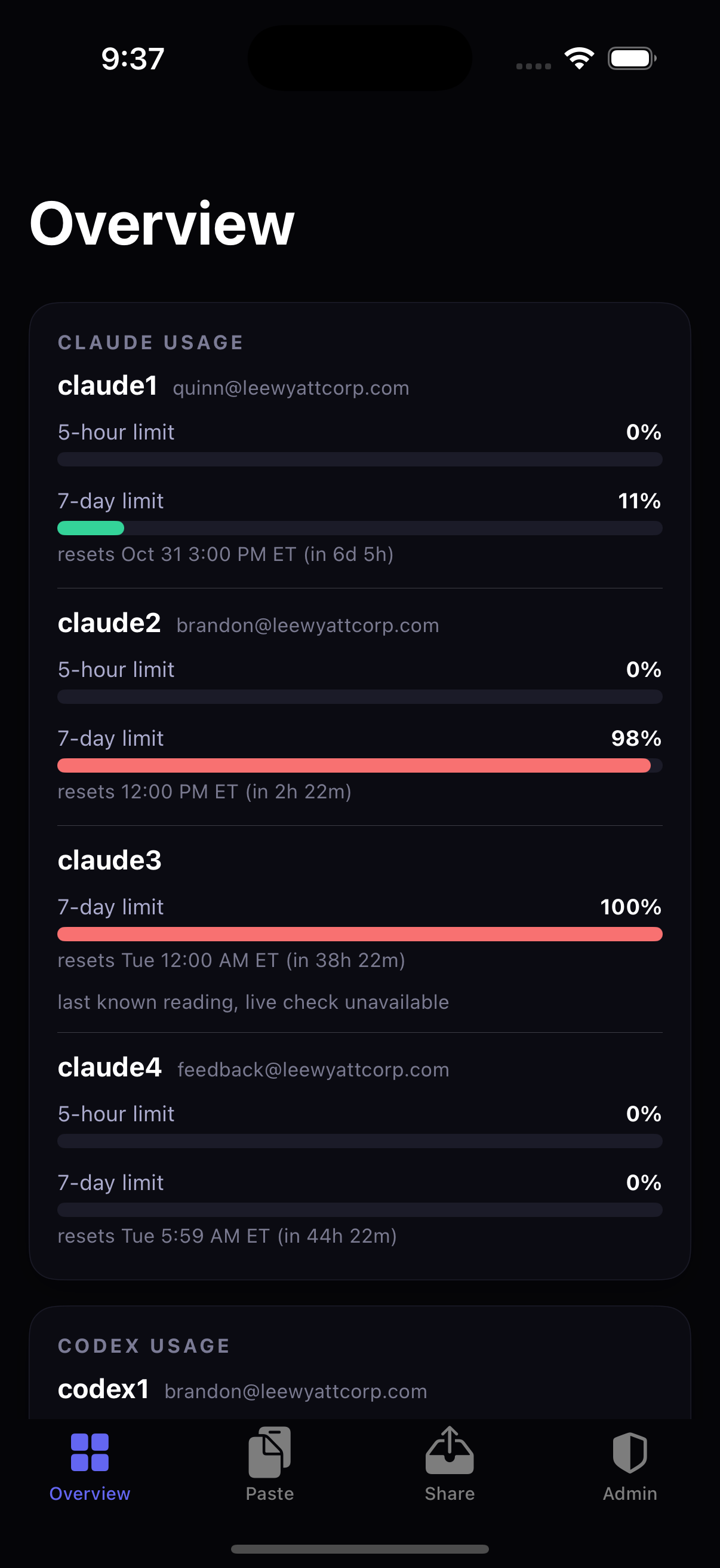 Overview: live tool usage with reset times, read from the real backend.
