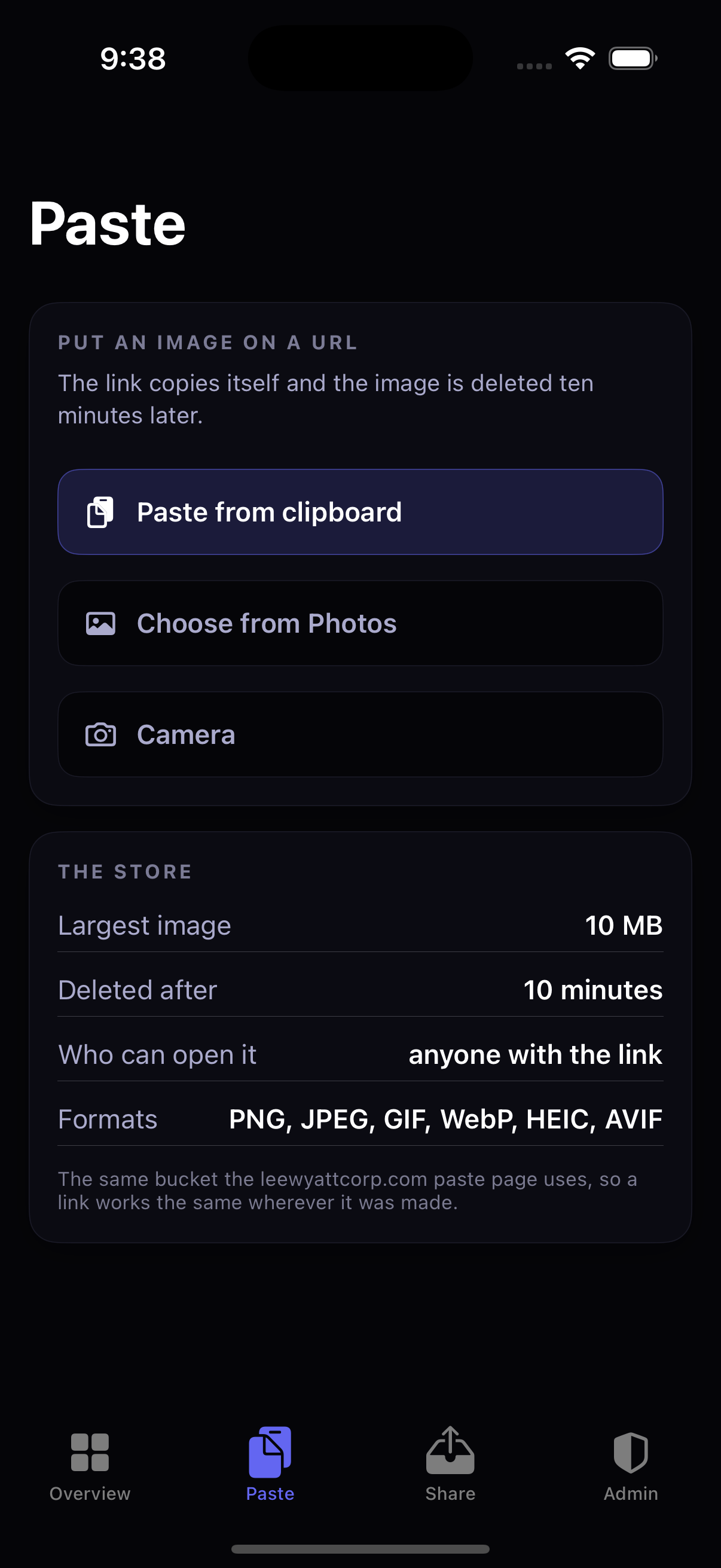 Paste: put a screenshot on a public URL that copies itself and deletes itself.